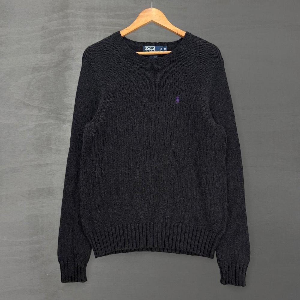 Polo Ralph Lauren Sweater Black Cotton Linen Crewneck Knit Purple Pony Medium